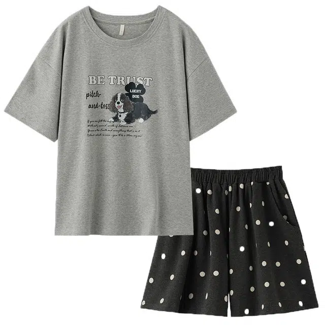 俏韵 圆领夏季甜美印花短袖休闲宽松舒适薄款家居服可外穿睡衣套装 女款