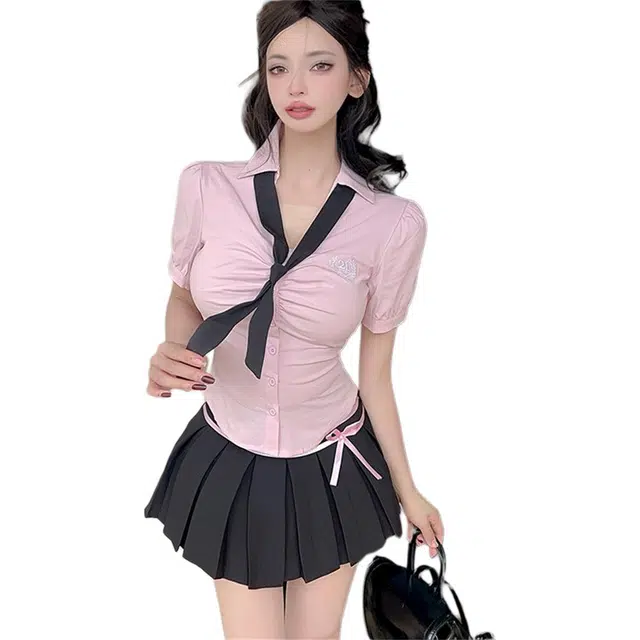 思蓓儿 学院风穿搭纯欲衬衫收腰显瘦美式热辣短裙两件套裙装套装 女款