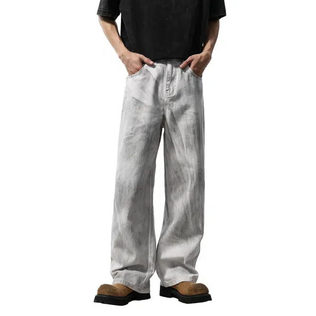 帝狼牛 美式高街复古嘻哈街头脏染做旧水洗宽松直筒户外日常百搭穿搭拉链牛仔裤 男女同款