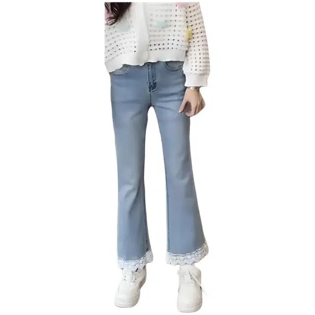木木兔 潮流时尚蕾丝拼接微喇裤高腰显瘦简约百搭浅色喇叭裤牛仔裤 女款