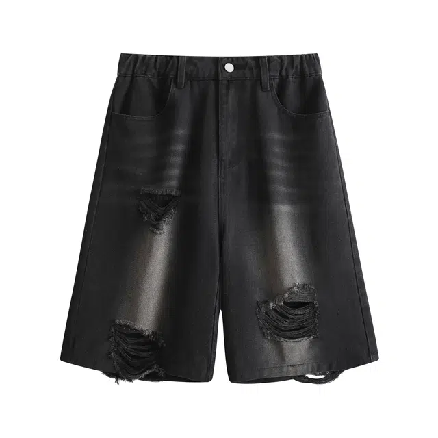 明尼凯 美式复古个性毛边破洞做旧设计嘻哈街头风直筒宽松五分潮流痞帅慵懒百搭牛仔短裤 男女同款