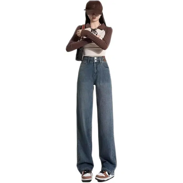 木木兔 潮流时尚高腰宽松小个子梨形身材简约休闲百搭直筒裤牛仔裤 女款