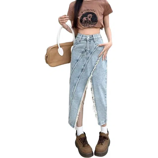 木木兔 潮流时尚个性斜边流苏围绕半身裙港风不规则开叉一步裙牛仔长裙 女款