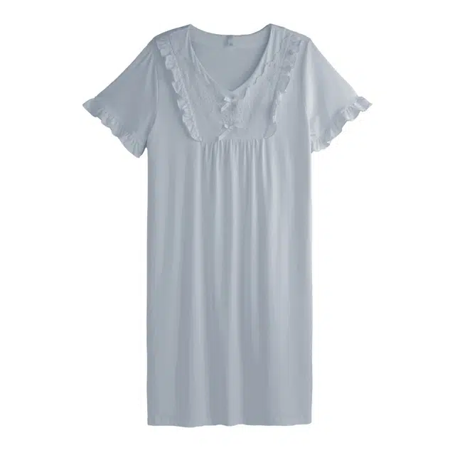 侘町 纯色蕾丝清晰柔软透气亲肤短袖睡裙 女款