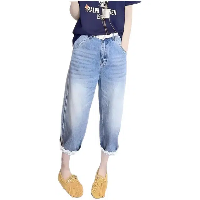 木木兔 潮流时尚直筒拼接薄款遮肉牛仔裤 女款