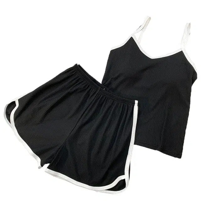 俏韵 吊带夏季冰丝带胸垫休闲舒适薄款家居服可外穿睡衣套装 女款