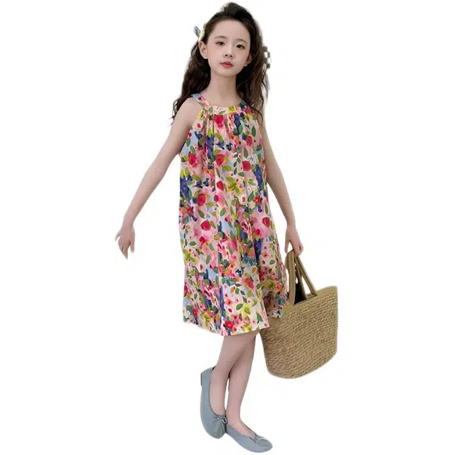 比比我女童夏季连衣裙 小女孩甜美韩系公主裙 海边度假挂脖沙滩裙 时尚休闲