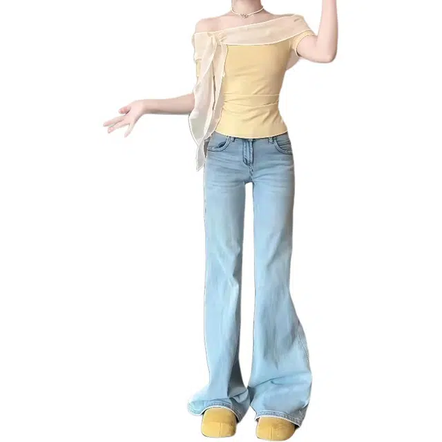 沐晓欣 纯欲风辣妹韩版一字肩上衣简约牛仔裤休闲套装 女款