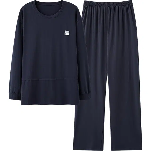 俏佳人 纯棉圆领套头纯色休闲宽松柔软舒适可外穿长袖长裤家居服睡衣套装 男款