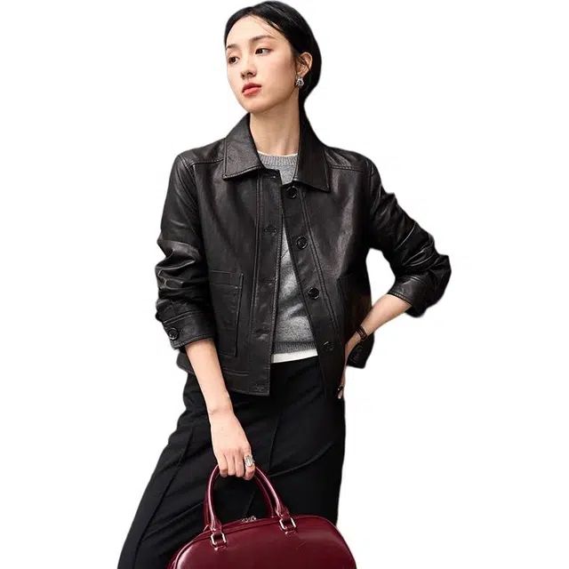 比利斯山羊 时尚休闲翻领短款双口袋真皮皮衣 女款