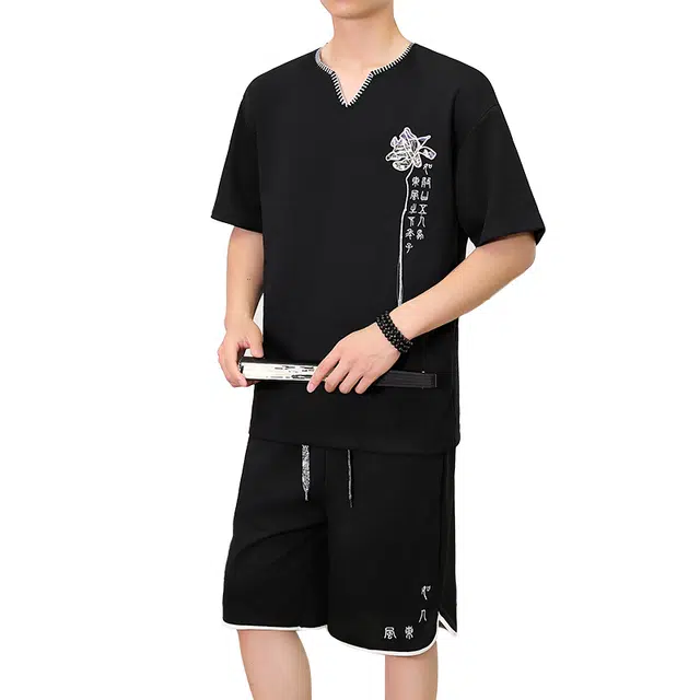 大白鲨 新中式轻奢一套衣服夏季国风两件套冰丝短袖短裤休闲运动套装 男女同款