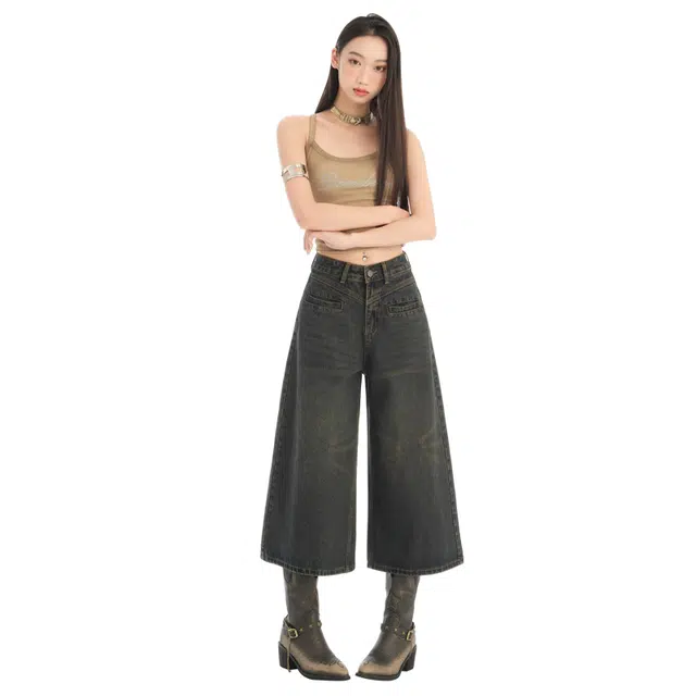 玫丝朵 美式复古怀旧宽松阔腿显瘦显高七分 牛仔短裤 女款