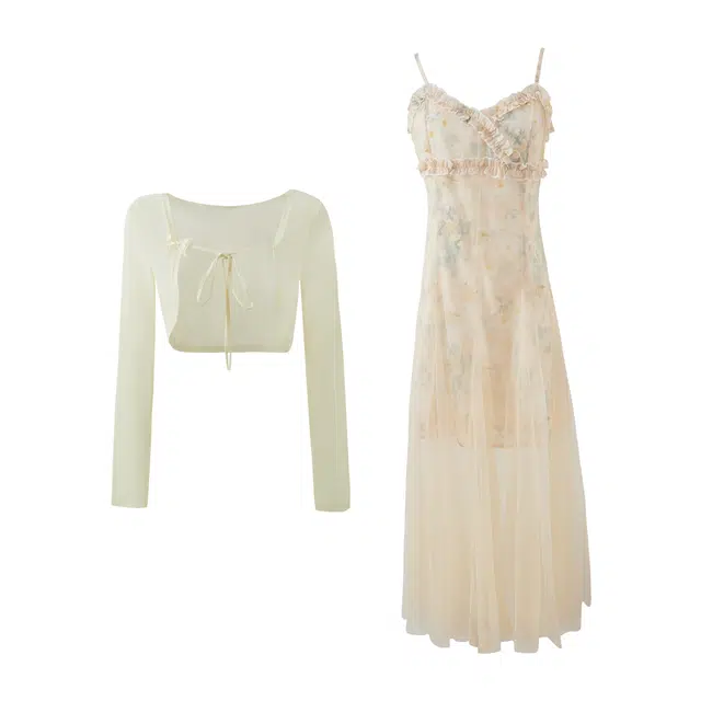 花山家的猫 法式甜美温柔网纱开衫收腰花卉拼接裙裙装套装 女款