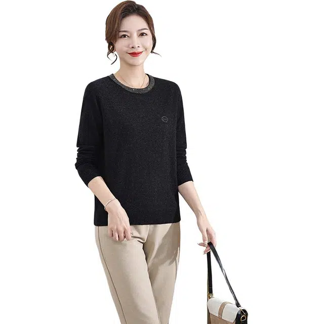 恒源祥 简约时尚纯色烫钻圆领长袖羊毛针织衫 女款