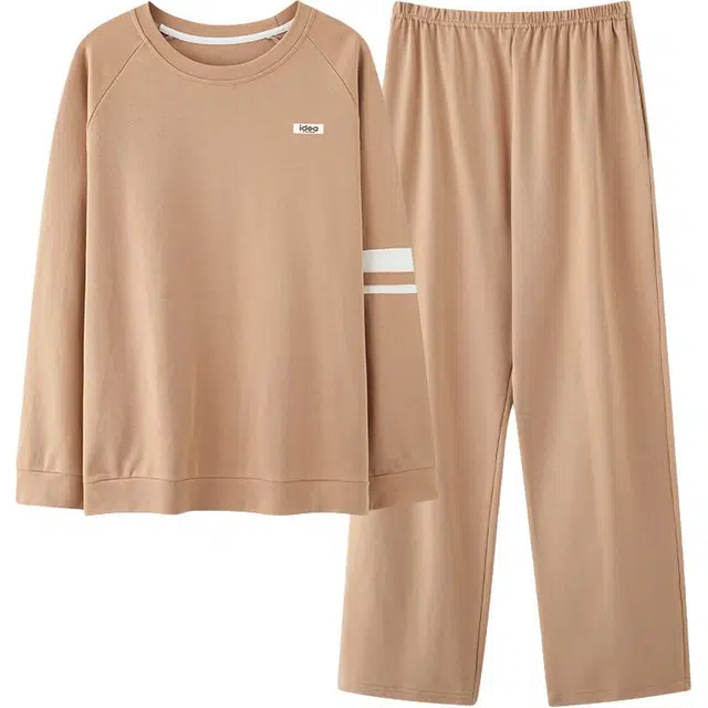 俏佳人 纯棉圆领套头休闲宽松柔软舒适可外穿长袖长裤简约时尚家居服睡衣套装 男款