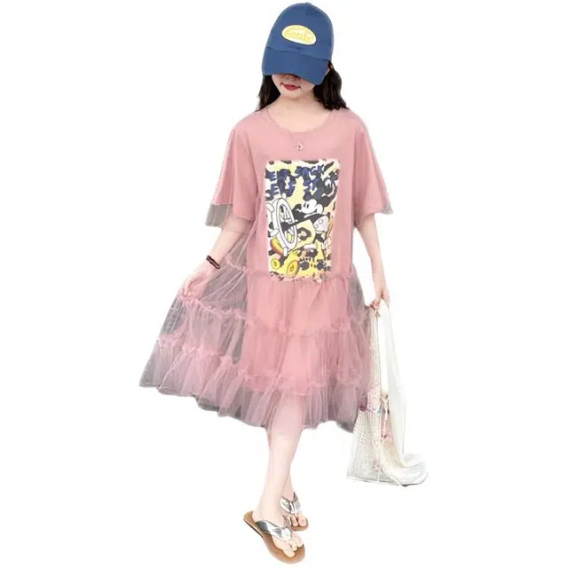比比我女童夏季连衣裙 小女孩双层潮款网纱裙 清新公主裙 大童潮牌 百搭休闲