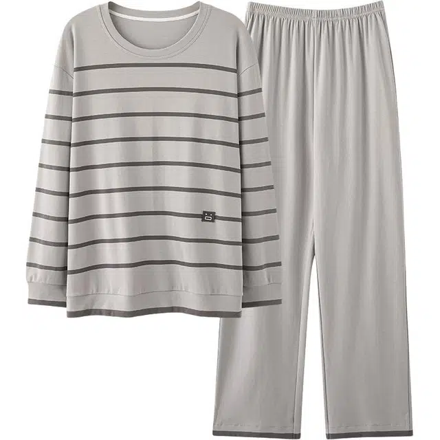 俏佳人 纯棉圆领套头纯色基础条纹休闲宽松柔软舒适可外穿家居服长袖长裤睡衣套装 男款