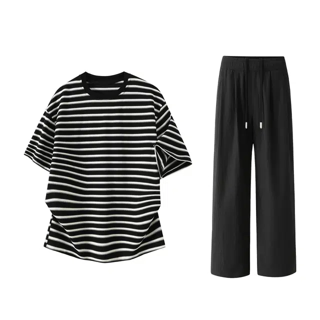 梓润格 夏季潮流条纹美式复古日常百搭校园风上班族宽松圆领五分短袖上衣肌理感垂感山本裤冰感速干阔腿裤酷飒穿搭休闲运动套装 男女同款
