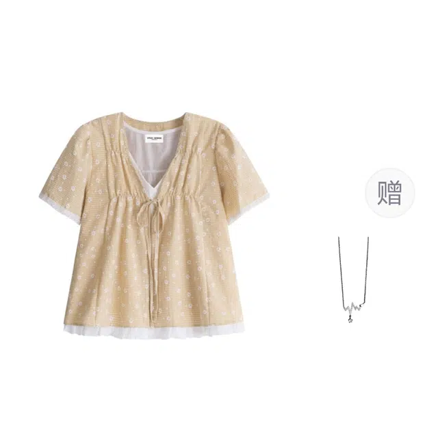 识恩 甜美减龄假两件提花格子绑带我设计感短袖女夏季衬衣 衬衫 女款