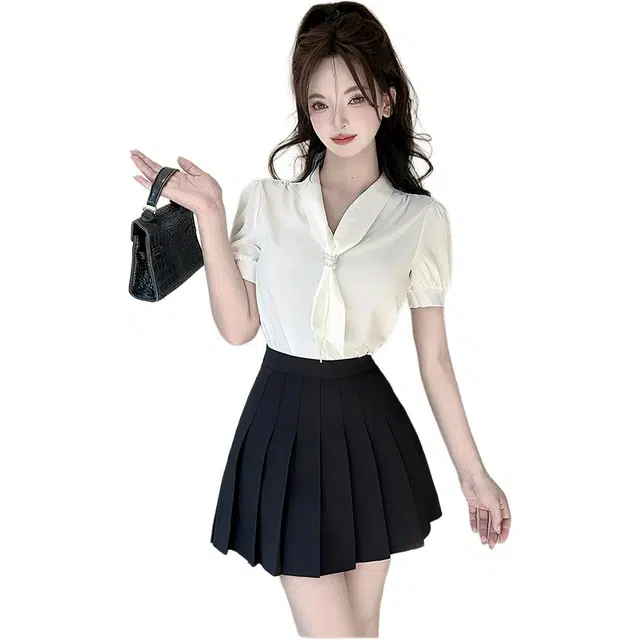 思蓓儿 衬衫上衣短袖时尚气质衬衣+百褶裙工作服两件 裙装套装 女款