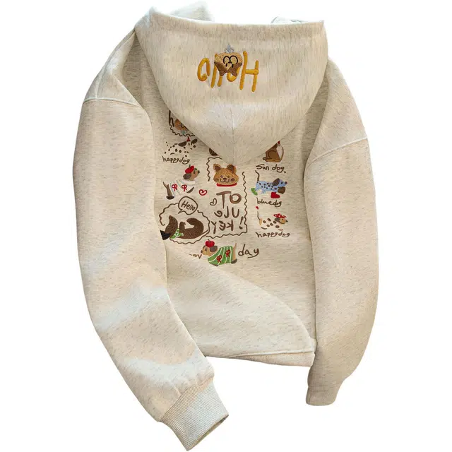 丝柏舍 学院风抽绳连帽减龄可爱卡通图案刺绣撞色宽松款落肩长袖卫衣 女款