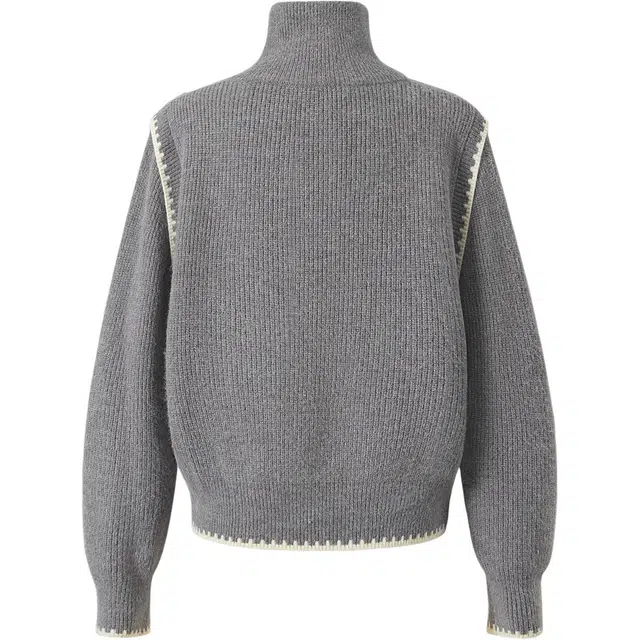 她池 高领套头慵懒风设计感撞色半拉链宽松款休闲短款长袖毛衣 女款