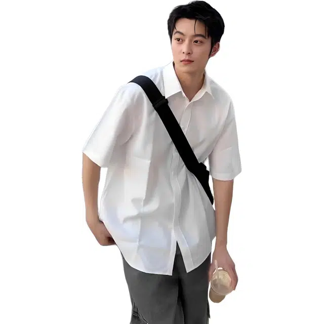 徐百货 美式潮牌纯色休闲百搭速干冰丝薄款正肩短袖衬衫 男女同款