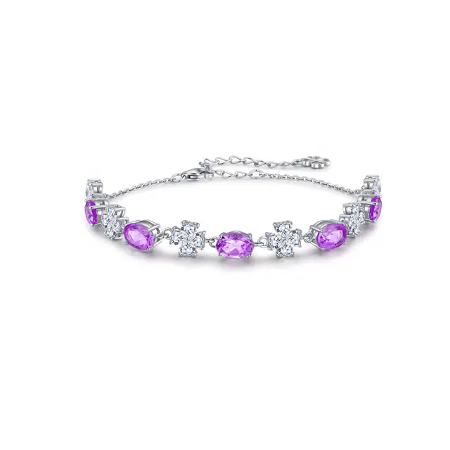 法思梵 幸运四叶草系列 轻奢高级原创设计几何椭圆复古感 梦幻华丽优雅显气质 四叶花 精致闪耀璀璨九紫离火招财天然 紫水晶 手链 女款