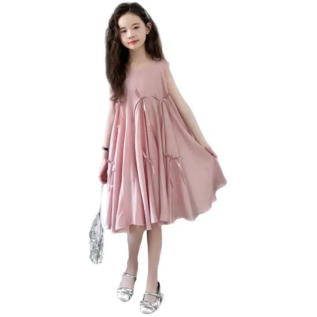 比比我女童夏季裙子 小女孩衣服 天丝蝴蝶结连衣裙 清新公主裙 大童潮牌  百搭休闲