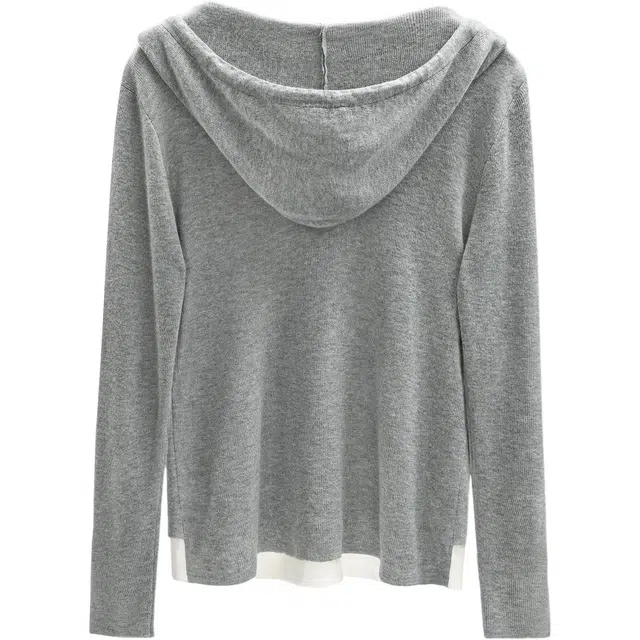 丝柏舍 修身连帽休闲撞色拼接假两件纽扣装饰套头正肩长袖针织衫 女款