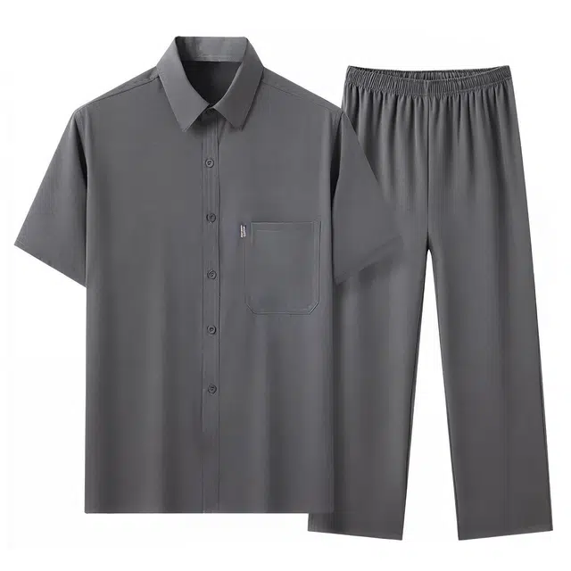 老爷车 简约国风中老年休闲真口袋短袖衬衫套装 男款