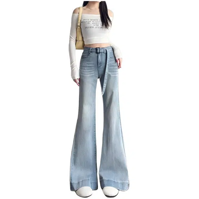 木木兔 潮流时尚喇叭裤高腰宽松微喇百搭休闲拖地裤子牛仔裤 女款