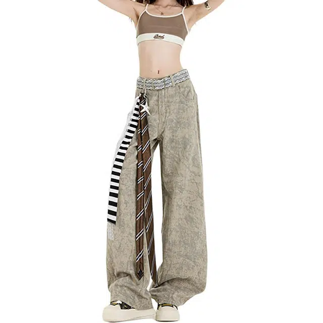 如续 美式复古高腰宽松阔腿裤扎染印花小众设计女牛仔裤 女款