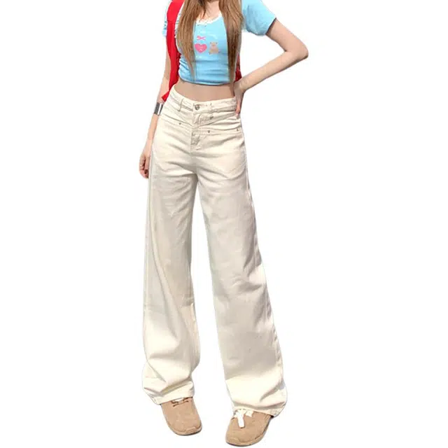 如续 美式高腰前袋设计宽松阔腿拖地裤女长裤&加长牛仔裤 女款