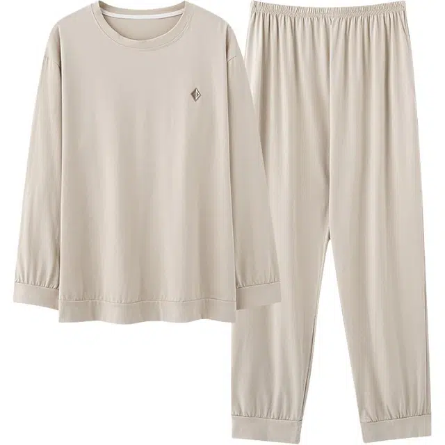 俏佳人 纯棉圆领套头简约休闲宽松柔软舒适可外穿长袖长裤家居服睡衣套装 男款