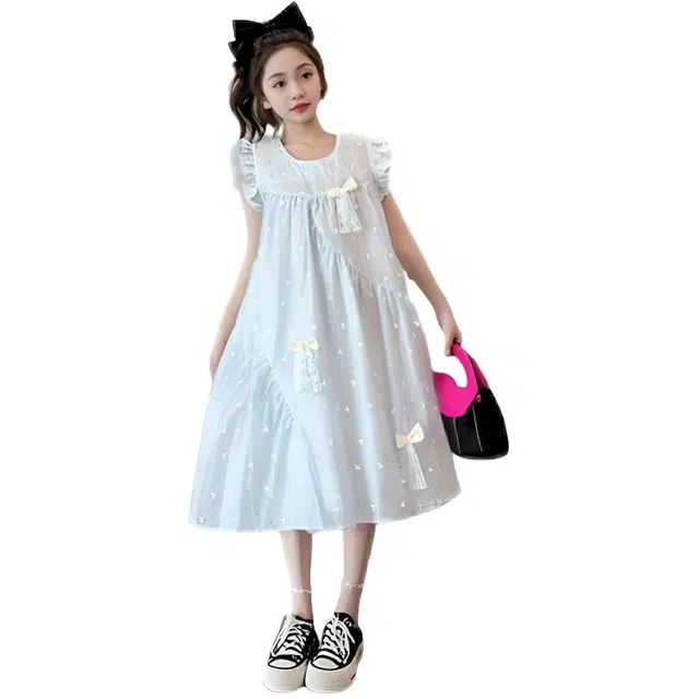 比比我女童夏季裙子 小女孩衣服 小飞袖蝴蝶结连衣裙 时尚舒适 清新公主裙 大童潮牌  百搭休闲