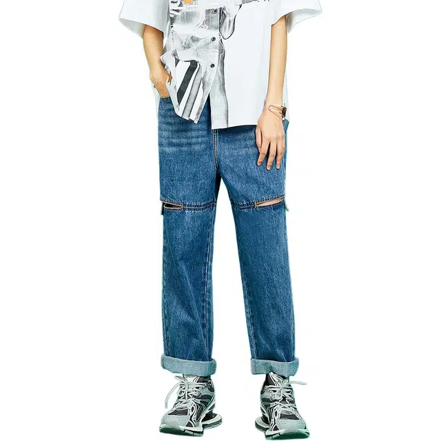 木果果木 九分复古破洞常规休闲直筒裤自然腰牛仔裤 女款