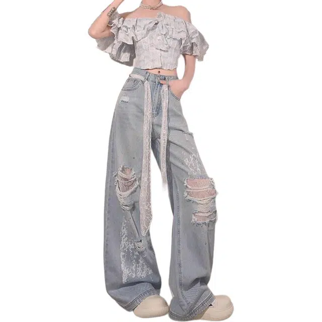 桴生 蕾丝破洞阔腿女夏季薄款设计感网纱拼接高腰宽松直筒长裤子牛仔裤 女款