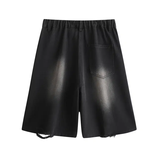 明尼凯 美式复古个性毛边破洞做旧设计嘻哈街头风直筒宽松五分潮流痞帅慵懒百搭牛仔短裤 男女同款