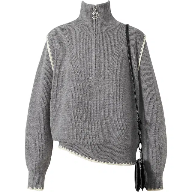 她池 高领套头慵懒风设计感撞色半拉链宽松款休闲短款长袖毛衣 女款