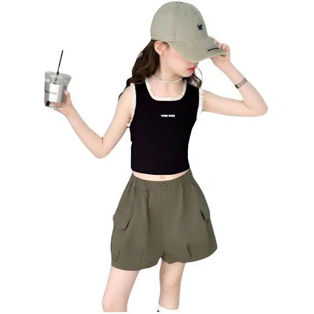 木木兔休闲运动套装 时髦洋气女童衣服夏装短袖大童潮牌小学生蕾丝拼接背心工装花苞短裤女孩 女款