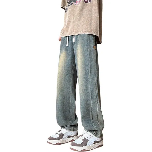 协协乐 春秋季潮牌直筒宽松阔腿拖地裤美式高街设计感休闲百搭运动长裤子牛仔裤 男款