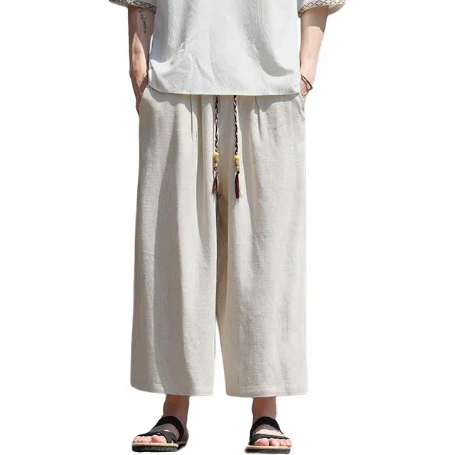 加荣 阔腿慵懒亚麻太极裤男中国风夏日轻薄透气通勤八分裤子加肥加大码休闲裤 男女同款