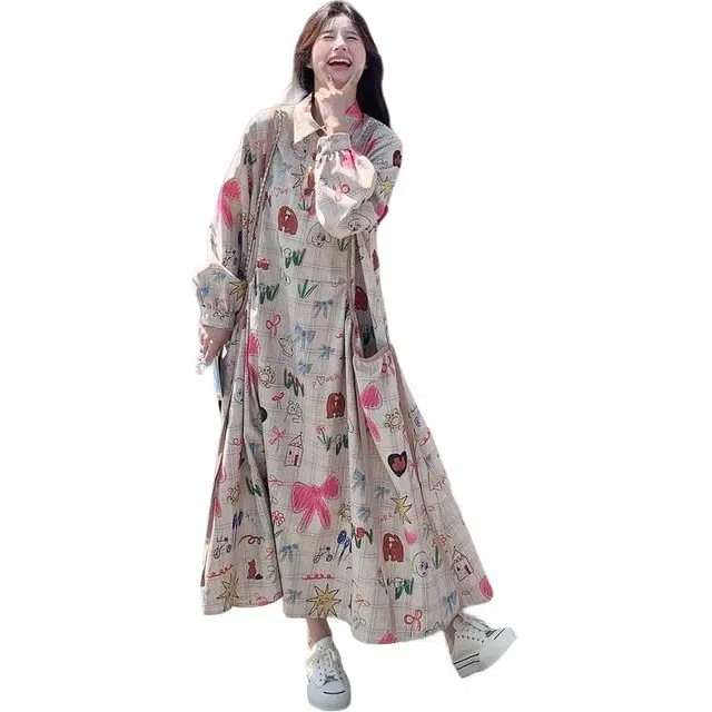 哒头下雨不愁 设计感格子涂鸦长袖女早春显瘦休闲减龄到脚踝长裙连衣裙 女款