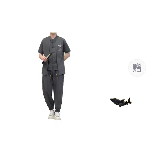 大白鲨 轻奢新中式中国风现代唐装男式古风改良版大码宽松汉服居士禅修服休闲运动套装 男女同款