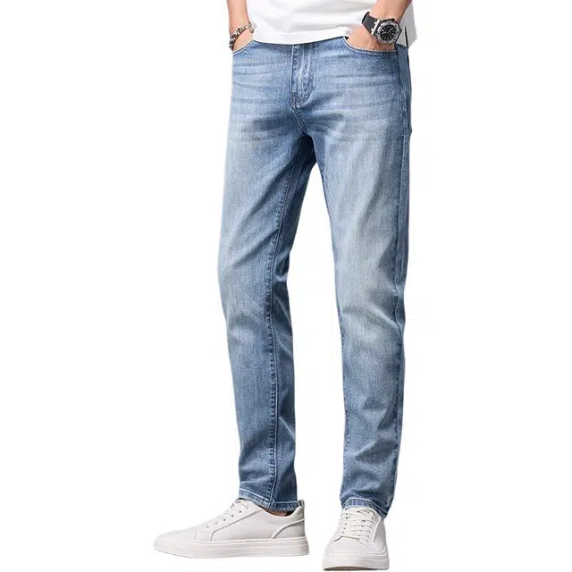 么宁 韩版潮流弹力水洗修身直筒裤舒适透气简约百搭个性痞帅运动牛仔裤 男女同款