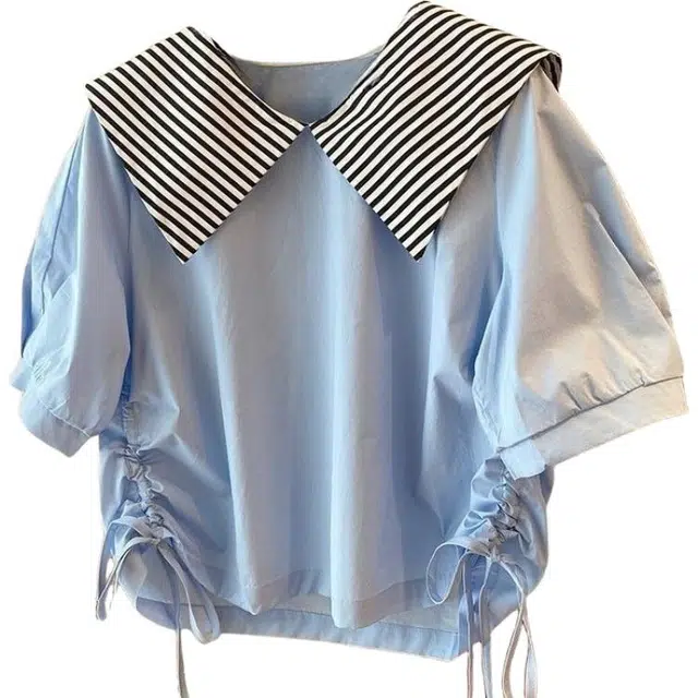 桴生 短袖夏季学院风衬衣海军领宽松娃娃衫抽绳 衬衫 女款