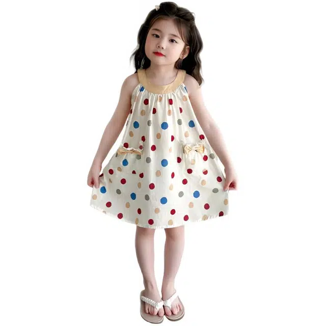 比比我女童夏季连衣裙 小女孩衣服 彩色波点挂脖裙 清新公主裙 大童潮牌  百搭休闲