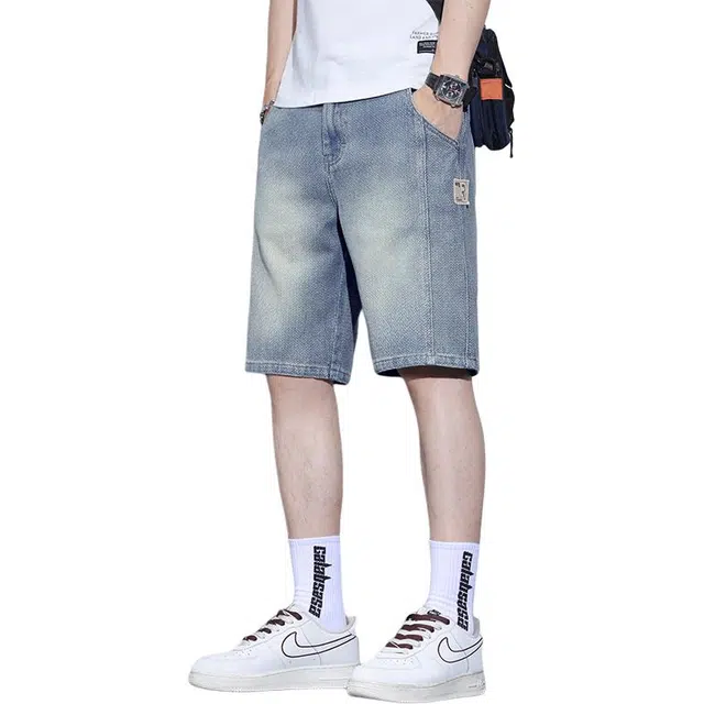 瑞梵帝斯 星空纹休闲五分裤男生夏季薄款复古水洗做旧宽松直筒中裤子美式潮牌高街风时尚百搭拉链纽扣多口袋设计青少年牛仔短裤 男款