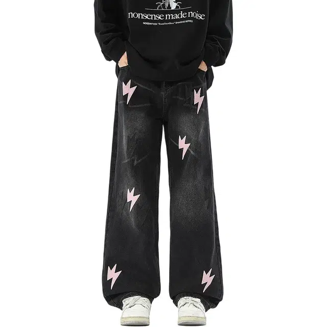 宝米卡 闪电印花美式潮牌痞帅炸街直筒牛仔裤 男女同款